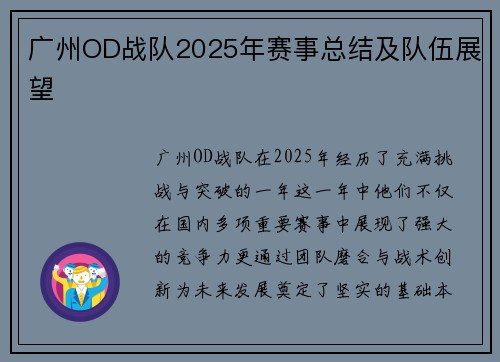 广州OD战队2025年赛事总结及队伍展望