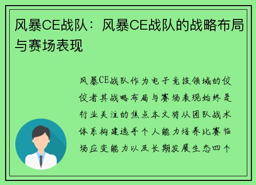 风暴CE战队：风暴CE战队的战略布局与赛场表现