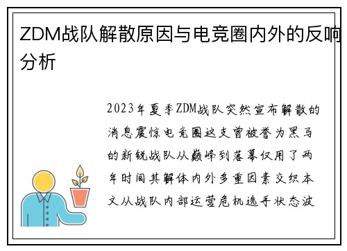 ZDM战队解散原因与电竞圈内外的反响分析